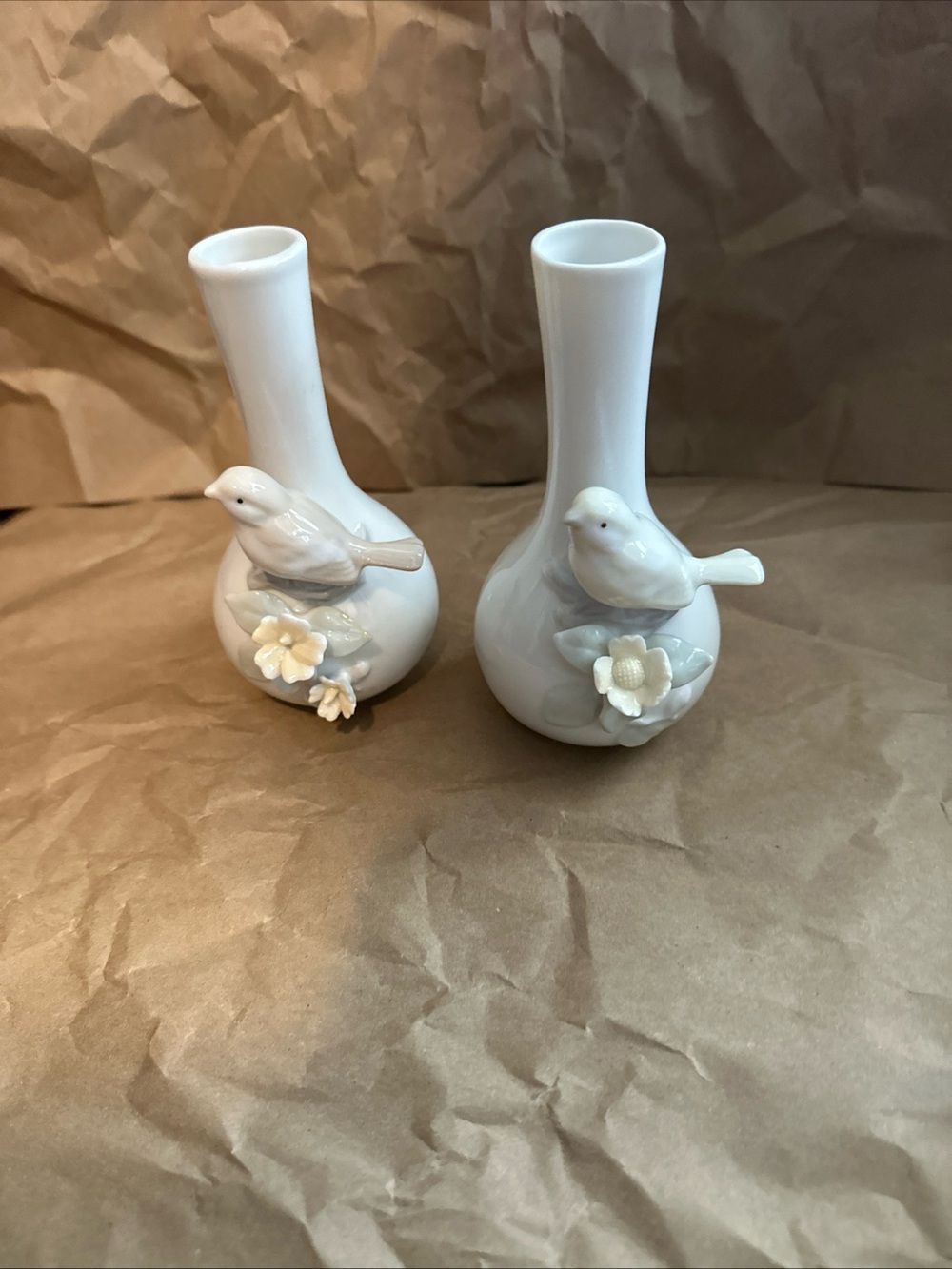 1985 Porcelain Bird Bud Vases in White - Set of 2 made in Taiwan
